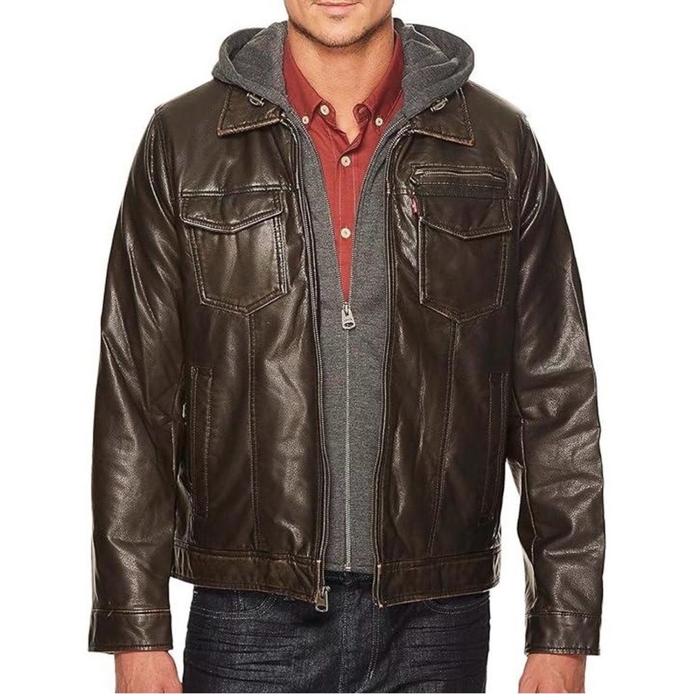 Levis Men’s Brown Faux Leather Hooded Trucker Jacket Streetwear Staple XL